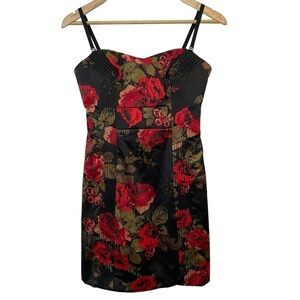 Guess Floral Satin Mini Dress Sz 5 Black Red Strapless Feminine Sexy Cocktail
